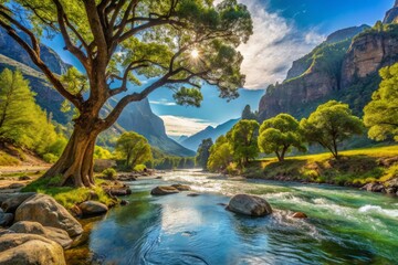 River's gentle current whispers through a valley of lush greenery, where ancient trees lean towards the water's edge, and rugged rock formations rise towards the radiant blue sky.