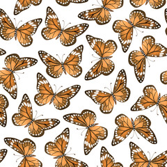 Monarch butterflies in orange brown and black colors watercolor seamless pattern on white background. Fall flying insects migrating before autumn clipart