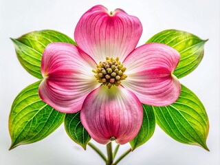 Fototapeta premium Elegant Dogwood Flower Illustration with Delicate Petals and Lush Green Leaves on a White Background
