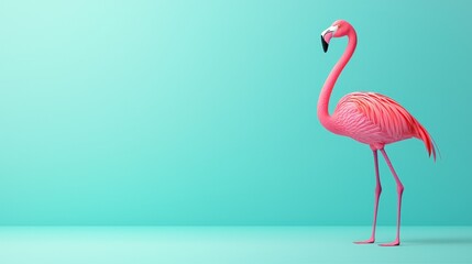 Fototapeta premium Pink flamingo standing on a turquoise background, looking to the right.