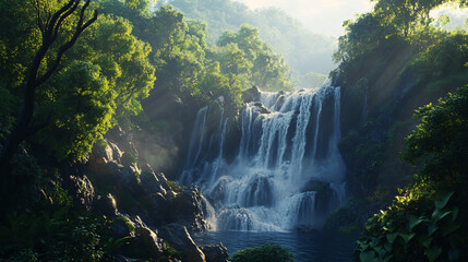 serene waterfall in lush green jungle with sunlight rays
