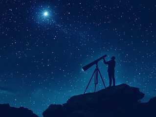 silhouette of man with telescope looking at the stars at night