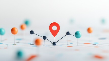 Naklejka premium Red pin connected to black line and dots on white background. Concept for location, navigation, or connection.