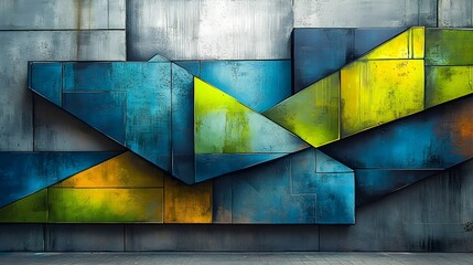 Naklejka premium Vibrant Abstract Geometric Graffiti Art with Layered Metallic Textures and High-energy Urban Vibe