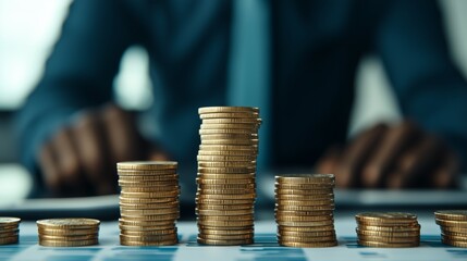 Businessman Counting Stacked Coins on Financial Graph