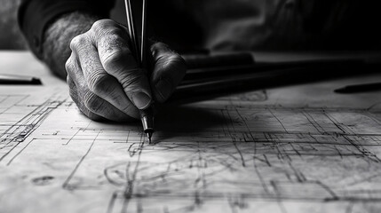 black and white hand drawing architectural plans with pencils
