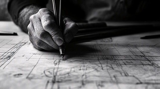 black and white hand drawing architectural plans with pencils