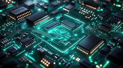 Obraz premium A futuristic technology background with circuit board elements, illustrating integrated network systems in a digital blue-green theme.