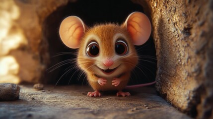 A cute cartoon mouse with large eyes peeking out from a burrow.