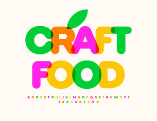 Vector trendy emblem Craft Food. Bright artistic Font. Creative set of Alphabet Letters and Numbers.