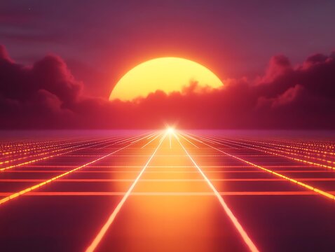 Neon Sunset Abstract Background Illustration - Glowing Grid with Setting Sun