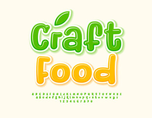 Vector creative banner Craft Food. Glossy Green Font. Funny set of Alphabet Letters and Numbers.