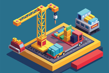 Fototapeta premium A vibrant isometric illustration featuring a construction site with a crane and various vehicles unloading materials, Customizable isometric illustration of a construction truck.