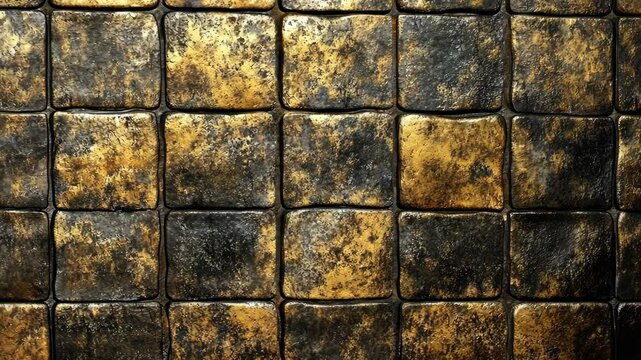 A close-up of a wall covered in square, gold and black tiles