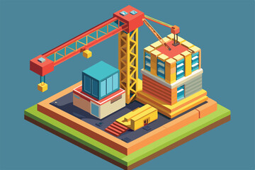 Fototapeta premium A detailed isometric illustration showcasing a construction site featuring a crane and various building elements, Customizable isometric illustration of a construction truck.
