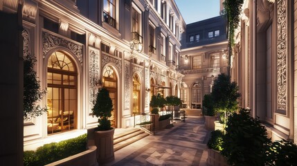 Blueprint of a boutique hotel in a historic urban setting, integrating classic architecture with modern amenities