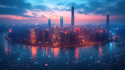 Naklejka premium A futuristic technology concept explores urban digital transformation, highlighting the impact of innovation in smart cities.