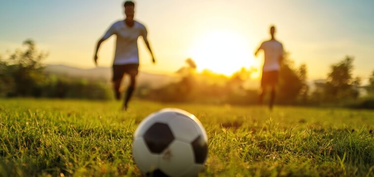 Friends playing football in a field, laughing and enjoying a sunny Sunday, Sunday sports, weekend fun