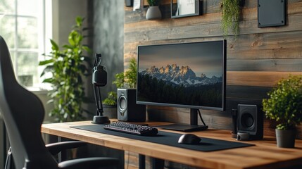 A modern workspace featuring a monitor, keyboard, and plants, designed for productivity.
