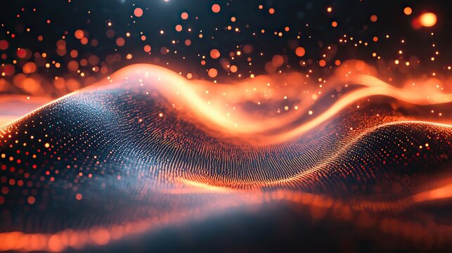 A futuristic wave pattern with particles and lines illustrates the connection of technology and data in a digital landscape.