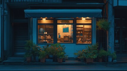 A cozy shop illuminated at dusk, showcasing plants and inviting interior displays.