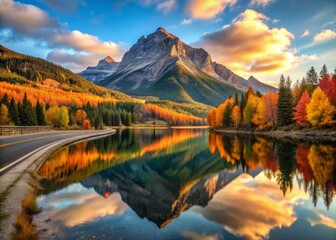 Fototapeta premium Majestic mountain towers above a tapestry of autumn hues, reflected in the calm waters of a serene lake alongside a quiet highway.
