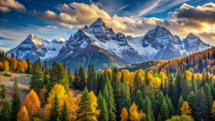 Obraz premium Snow-capped peaks rise majestically above a vibrant tapestry of golden leaves and emerald pines under a warm afternoon sun.