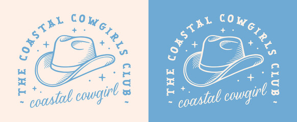 Coastal cowgirl club squad west coast western girly aesthetic country girl hat sticker. Retro vintage boho pastel blue cowboy quotes printable women girls trip matching shirt design clothing cut file.