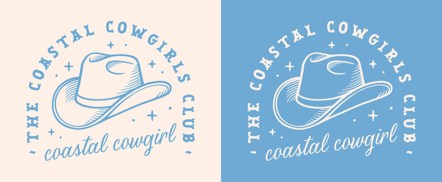 Coastal cowgirl club squad west coast western girly aesthetic country girl hat sticker. Retro vintage boho pastel blue cowboy quotes printable women girls trip matching shirt design clothing cut file.