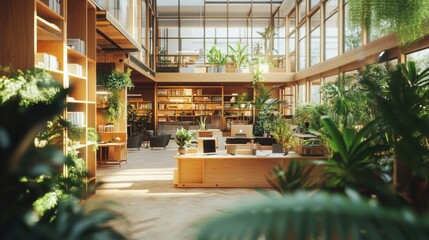 Fototapeta premium A bright, modern workspace filled with plants and natural light, promoting creativity and well-being.