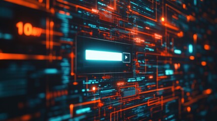 Obraz premium A digital interface with glowing lines and a search bar, representing technology and data.