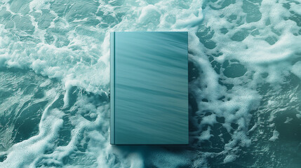 A mockup of an empty book cover, featuring gradients from teal to blue-green and an ocean wave pattern in the background