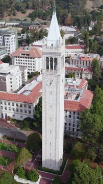 Vertical Drone Shot of Campanile Tower, Landmark of Berkeley University Campus, California USA