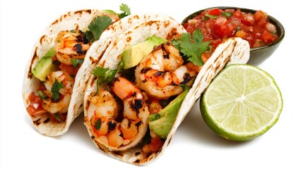 Grilled shrimp tacos with fresh avocado, cilantro, and lime, served with salsa on the side, grilled shrimp tacos, taco appetizer