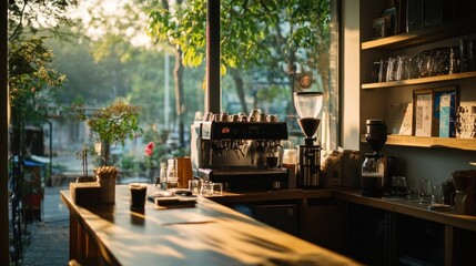 Cozy café interior with sunlight, coffee equipment, and a serene atmosphere.