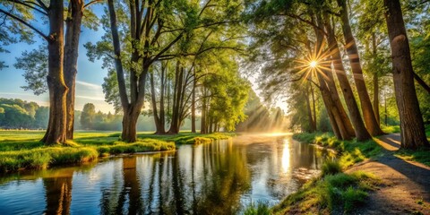 Fototapeta premium Tall trees stand guard along winding riverbanks as sunbeams filter through foliage in a warm and serene summer morning.
