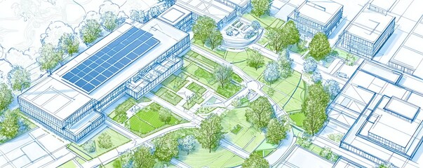 Fototapeta premium Blueprint of a green residential complex, detailing passive solar design and shared community resources
