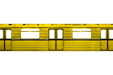 Textured body of an yellow subway train car isolated on transparent background.