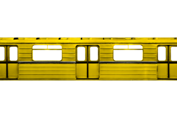 Textured body of an yellow subway train car isolated on transparent background.