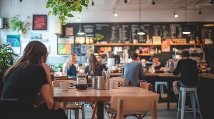 A cozy caf&eacute; scene with patrons enjoying drinks and conversation in a warm atmosphere.