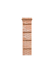 A decorative rectangular column made of sand-colored brick is isolated.