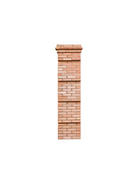 A decorative rectangular column made of sand-colored brick is isolated.