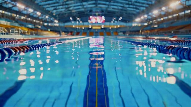 A serene swimming pool with clear water and lane markings, illuminated by overhead lights.