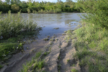 Flooded dirt road after a flood.