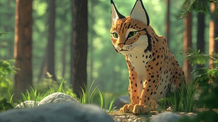 Obraz premium A realistic illustration of a lynx in a forest setting, showcasing natural beauty.