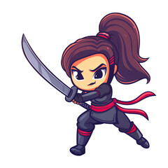 A cute cartoon female warrior in a black outfit with a red sash holding a katana.