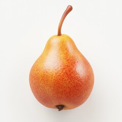 A realistic image of a pear with a smooth, shiny skin and a curved stem.