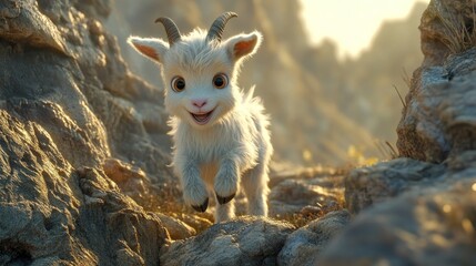 Fototapeta premium A cute, animated goat with big eyes playfully exploring a rocky landscape.