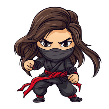 A cartoon illustration of a female ninja warrior in a fighting pose. She has a black mask and a red sash. Her hair is flowing in the wind.