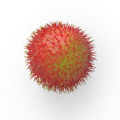 A spiky, red and green fruit resembling a rambutan, showcasing its unique texture and appearance.